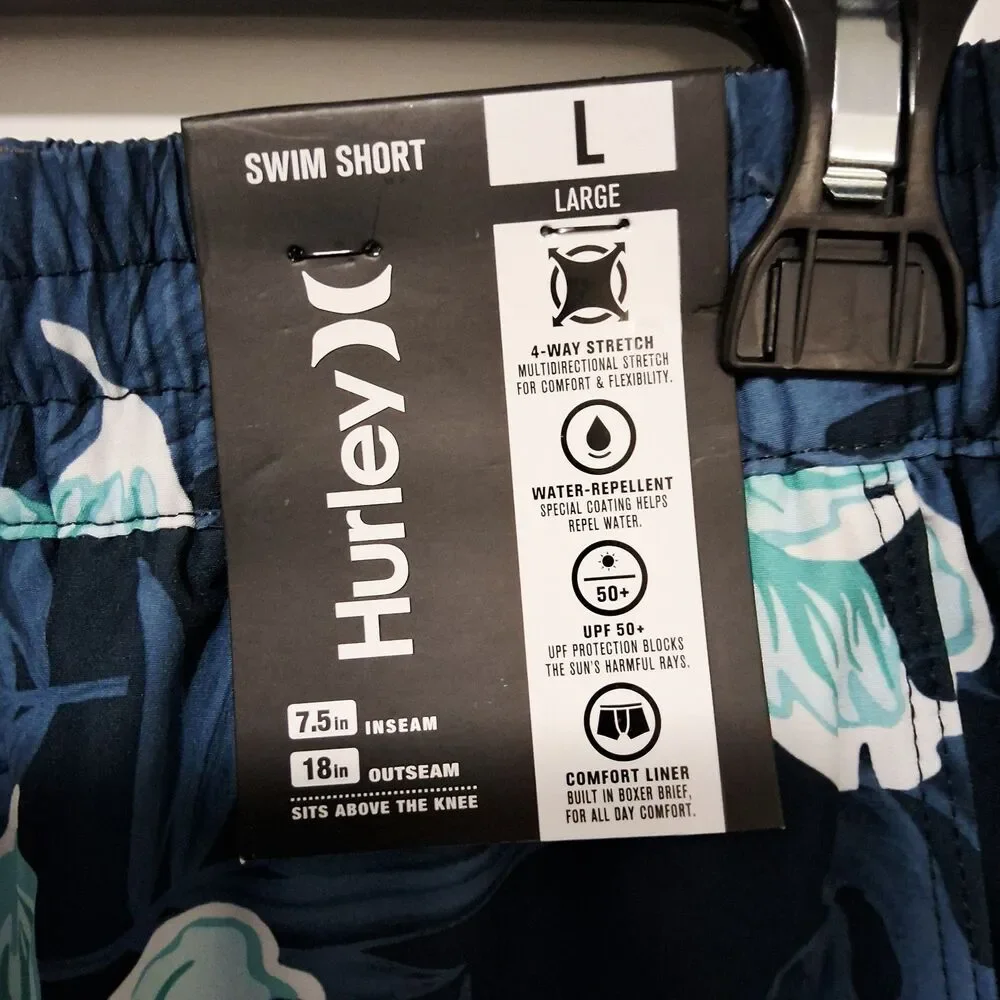 Hurley Men's Logo Stretch UPF 50+ Swim Shorts Blue Tropical Size Large NWT